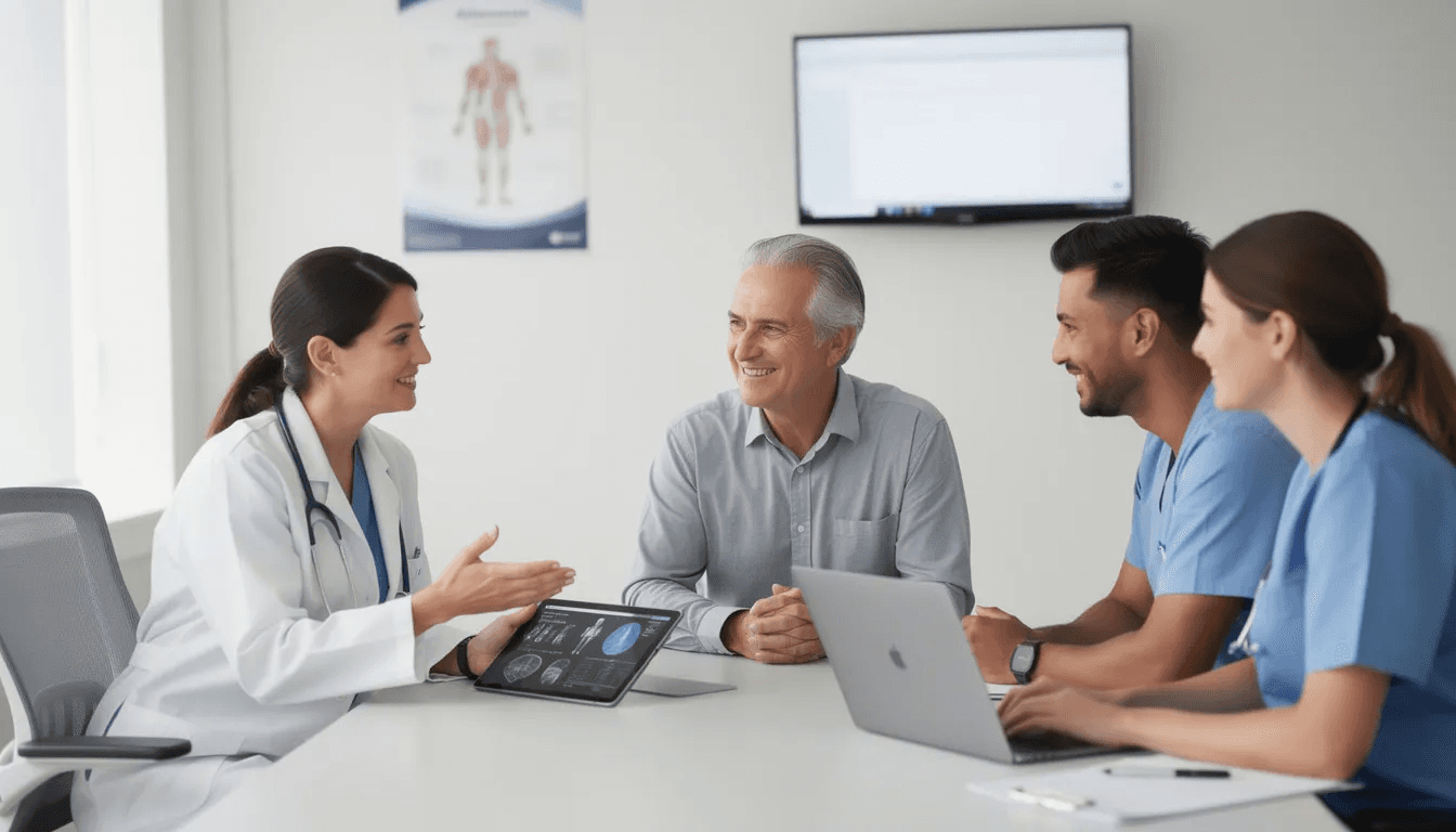 A healthcare team is engaged in a discussion with a patient about various treatment options, including investigational drugs and the potential for expanded access under the FDA's expanded access program. The team emphasizes the importance of informed consent and patient safety while exploring satisfactory alternative therapy options for the patient's serious disease.